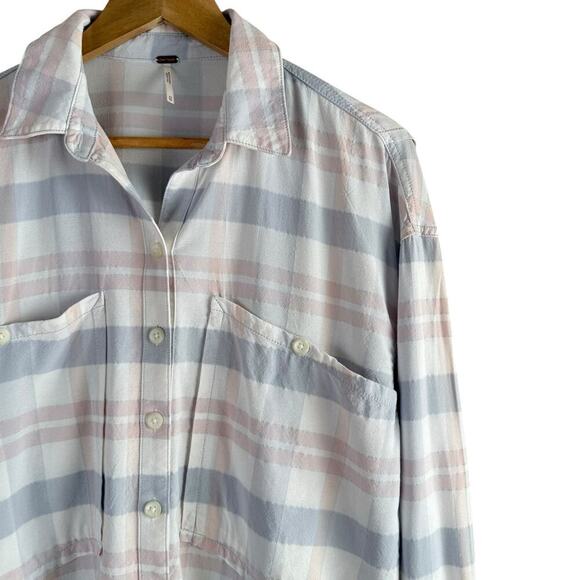 Free People Loveland Plaid Button Down Shirt Top White Pastel Pink Blue, Size XS - Picture 5 of 13